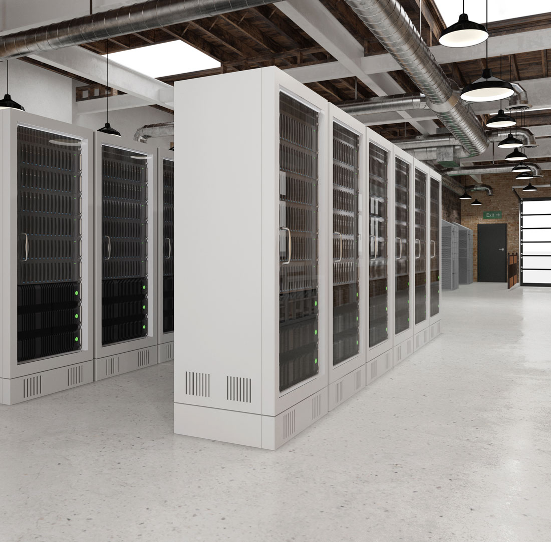 Server room with multiple server cabinets